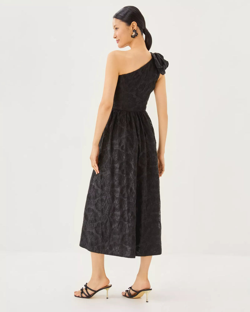 LYNSI MIDI DRESS NOIR SUNSET BLOOM EMBROIDERED ORGANZA
