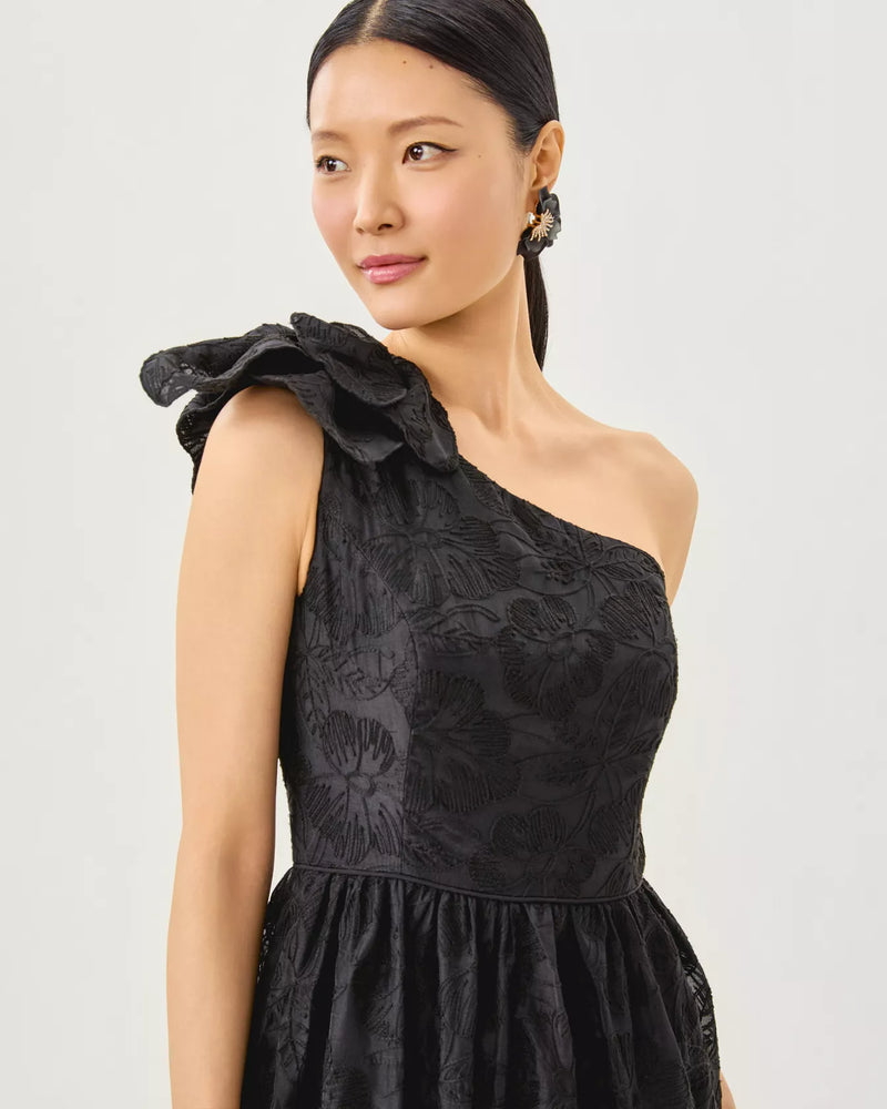 LYNSI MIDI DRESS NOIR SUNSET BLOOM EMBROIDERED ORGANZA