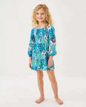 GIRLS MINI JILLY LONG SLEEVED DRESS BREEZY AQUA BEST FRONDS FOREVER