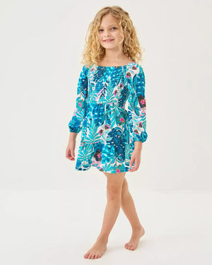 GIRLS MINI JILLY LONG SLEEVED DRESS BREEZY AQUA BEST FRONDS FOREVER