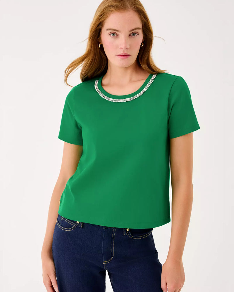 CLAIRMONT RHINESTONE KNIT TOP BAMBOO GREEN