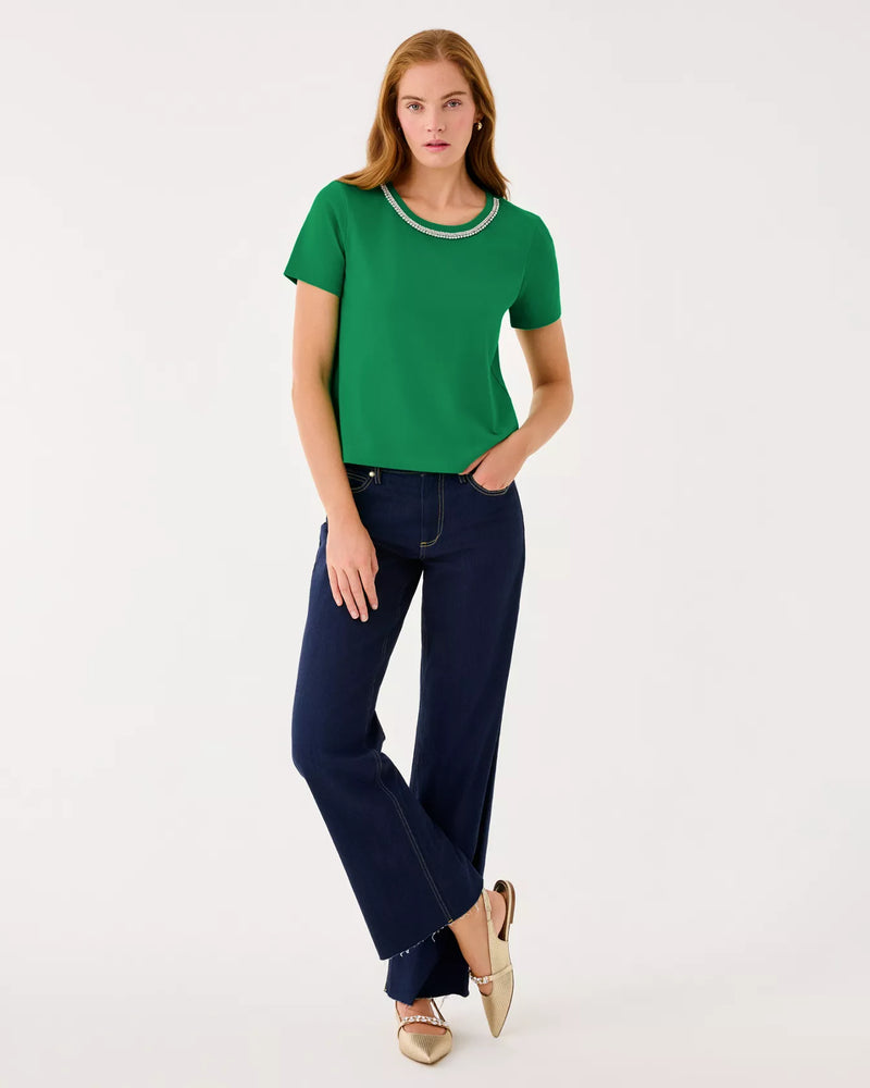 CLAIRMONT RHINESTONE KNIT TOP BAMBOO GREEN