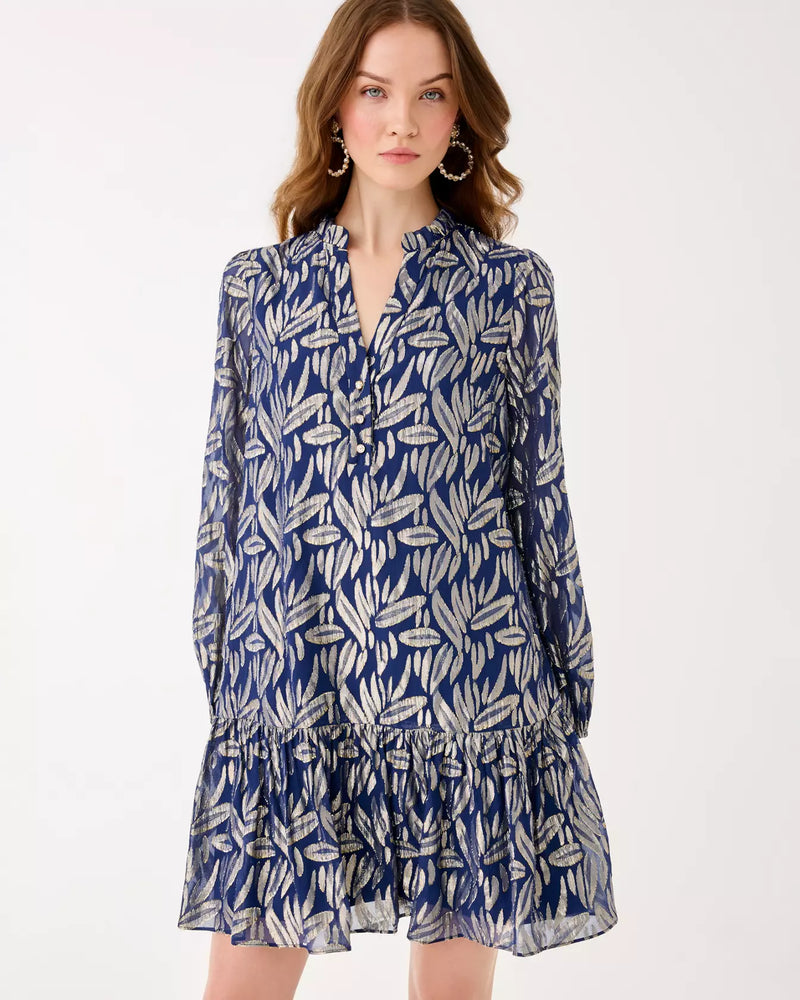 EVALINE SILK DRESS LOW TIDE NAVY LEAFY BABE METALLIC SILK CLIP