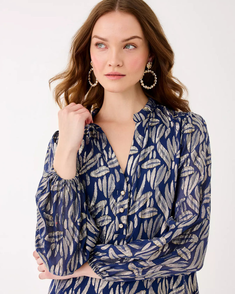 EVALINE SILK DRESS LOW TIDE NAVY LEAFY BABE METALLIC SILK CLIP