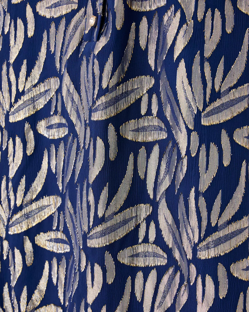 EVALINE SILK DRESS LOW TIDE NAVY LEAFY BABE METALLIC SILK CLIP