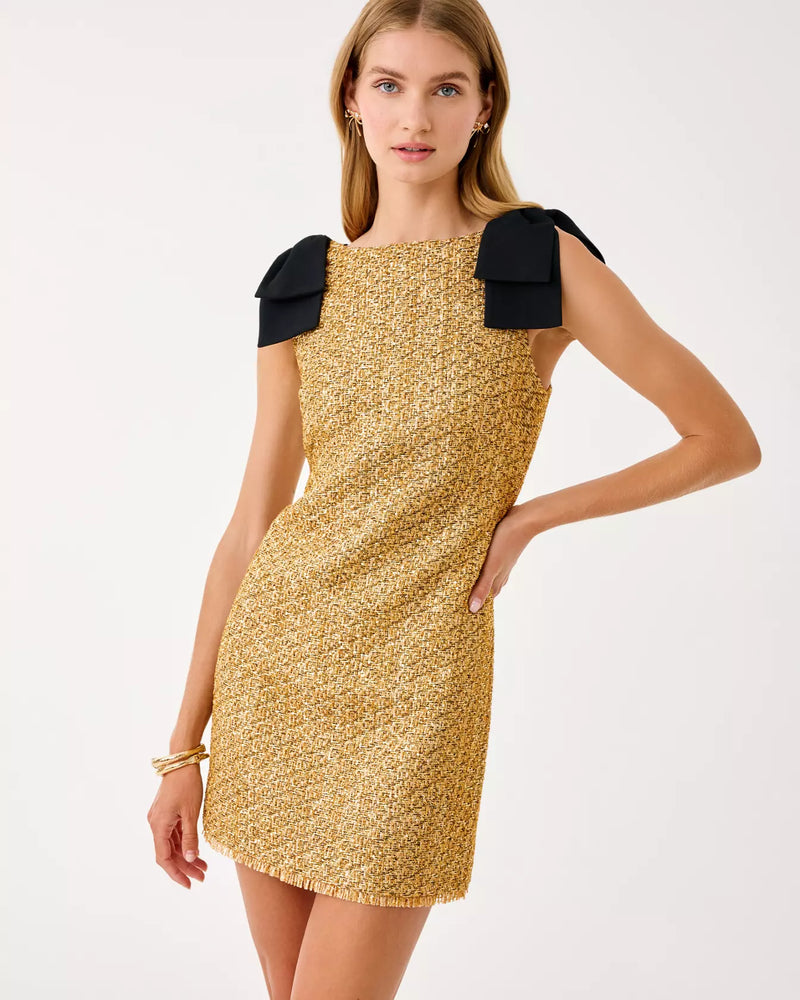 CORA SKIRTED ROMPER GOLD METALLIC GOLDEN GLOW BOUCLE