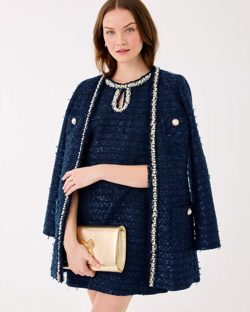 RONAN SKIRTED ROMPER LOW TIDE NAVY AFTER PARTY LUREX BOUCLE