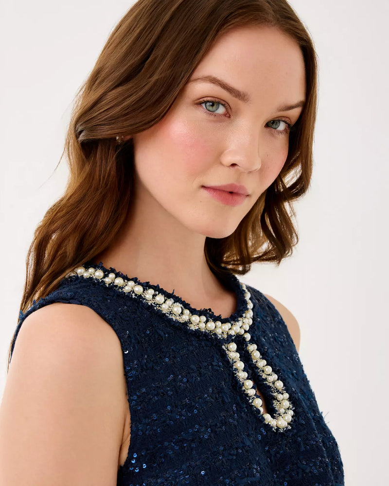 RONAN SKIRTED ROMPER LOW TIDE NAVY AFTER PARTY LUREX BOUCLE