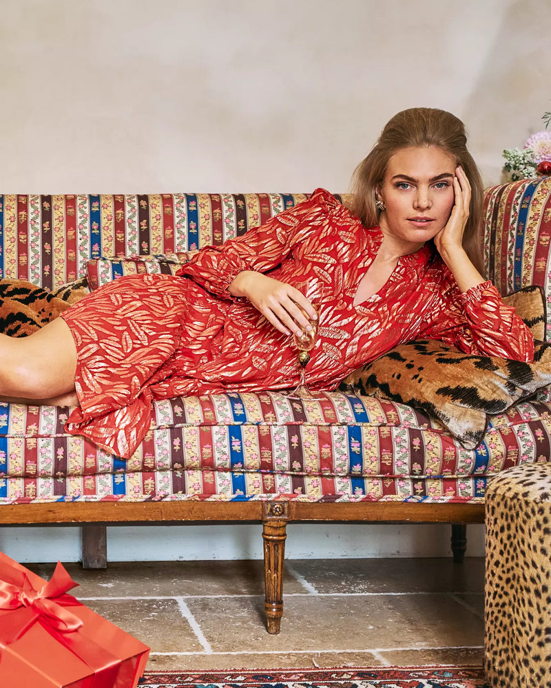 CORNELLIA SILK DRESS CRANBERRY RED LEAFY BABE METALLIC SILK CLIP