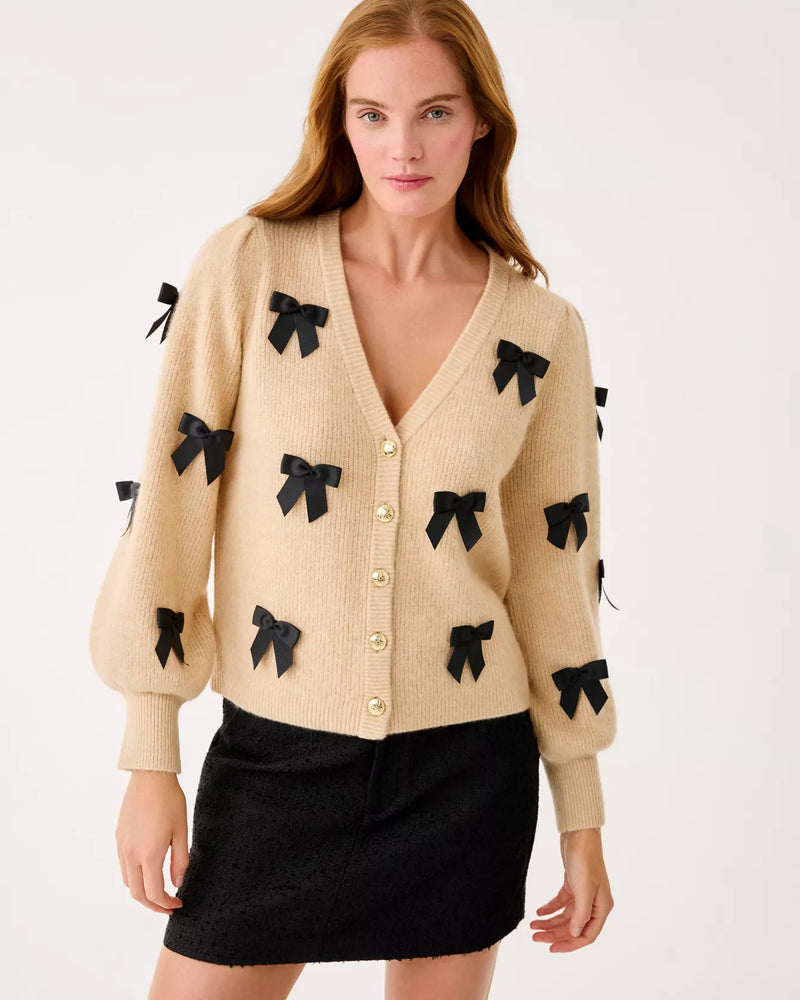 ZARIE CARDIGAN HEATHERED WICKER TAN PARTY BOWS