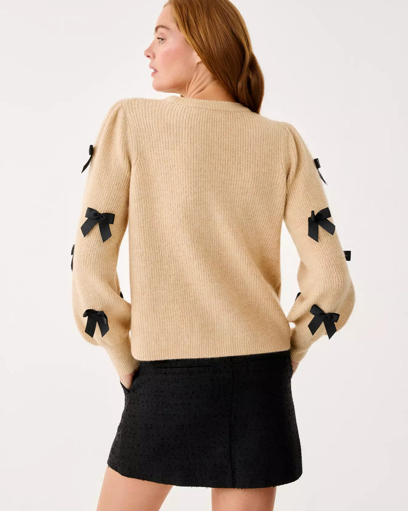 ZARIE CARDIGAN HEATHERED WICKER TAN PARTY BOWS