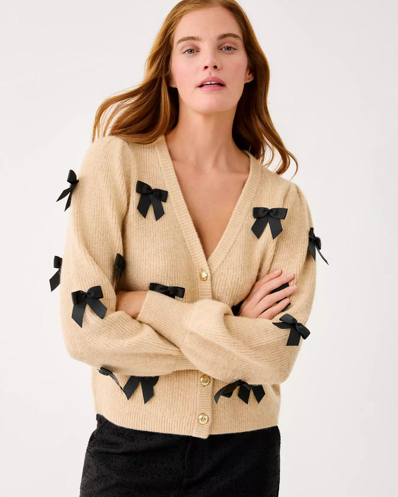 ZARIE CARDIGAN HEATHERED WICKER TAN PARTY BOWS