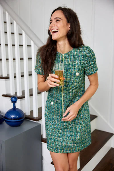 GREEN MULTI TWEED ZIP FRONT DRESS – Village Palm