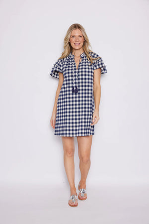 
            
                Load image into Gallery viewer, SHORT SLEEVE RUFFLE DRESS NAVY/WINTER WHITE
            
        