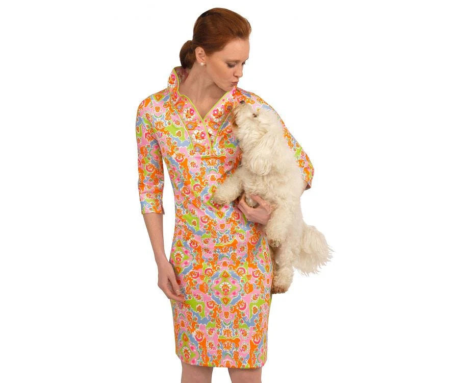 RUFFNECK DRESS WATTEAU LIME/PINK