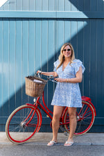 BLUE MEDALLION V-NECK FLUTTER SLEEVE MINI DRESS
