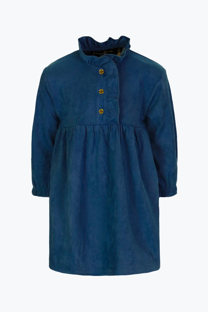 GIRLS DASHER RUFFLE BUTTON DRESS BLUE SUEDE