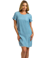 CHAMBRAY RUFFLE SLEEVE DRESS LT STORM WASH