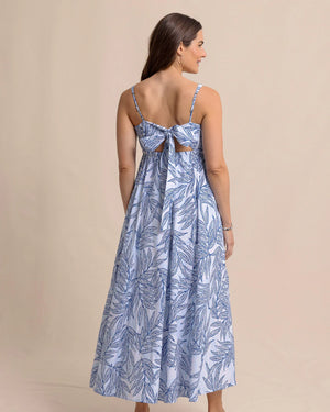 W LEIGHTON BLUE PALMS SEERSUCKER TIE BACK MAXI DRESS