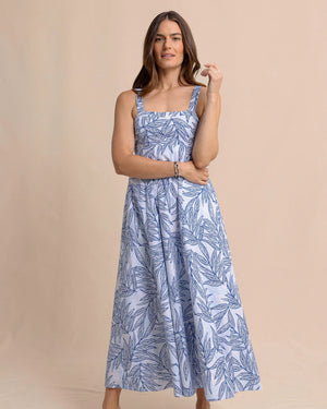 W LEIGHTON BLUE PALMS SEERSUCKER TIE BACK MAXI DRESS