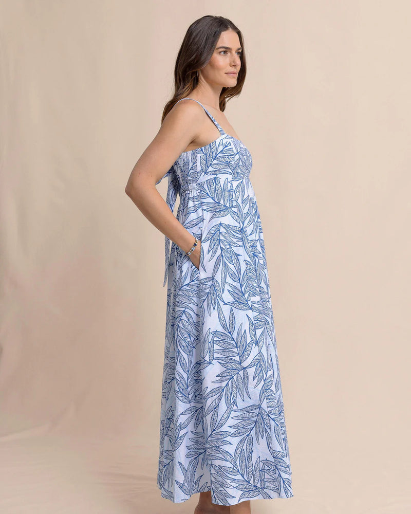 W LEIGHTON BLUE PALMS SEERSUCKER TIE BACK MAXI DRESS