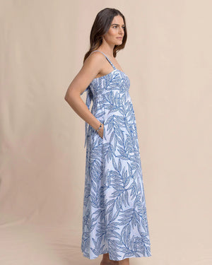 W LEIGHTON BLUE PALMS SEERSUCKER TIE BACK MAXI DRESS