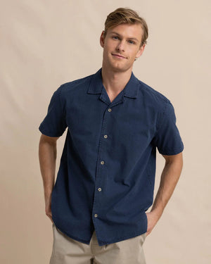 MENS SHORT SLEEVE SUN WASHED SEERSUCKER CAMP SHIRT DRESS BLUE